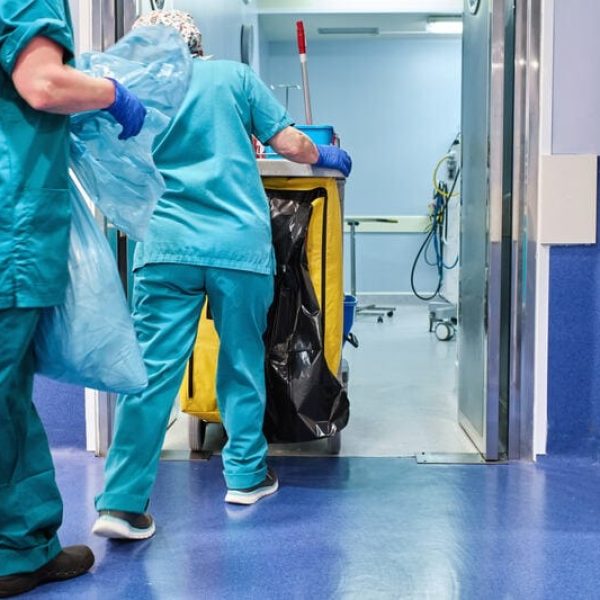 hospital cleaning staff enter an operating room with a cleaning cart.