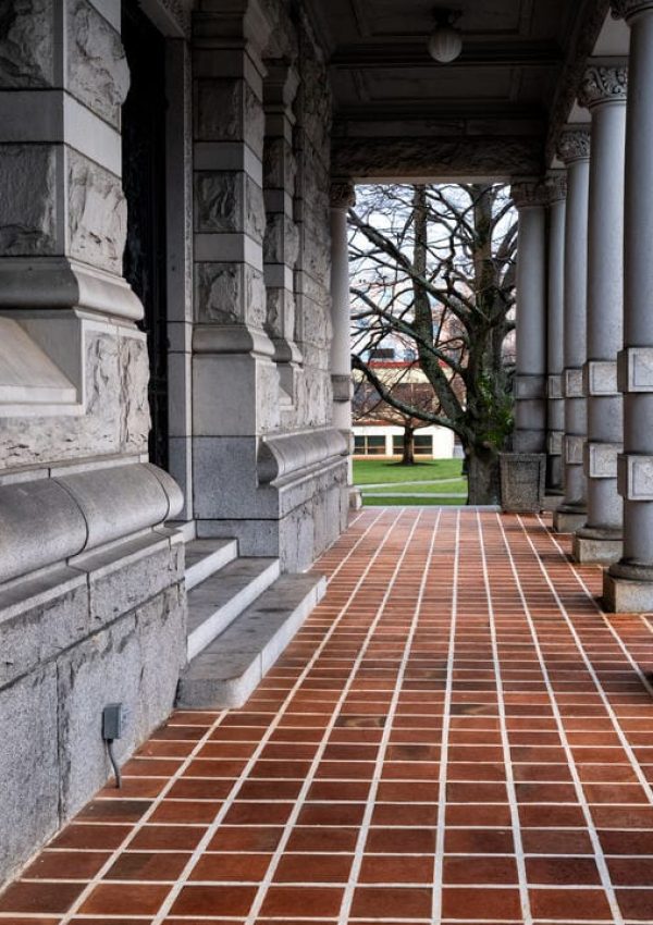 A wet entrance of The British Columbia Parliament Building in Victoria after a rain